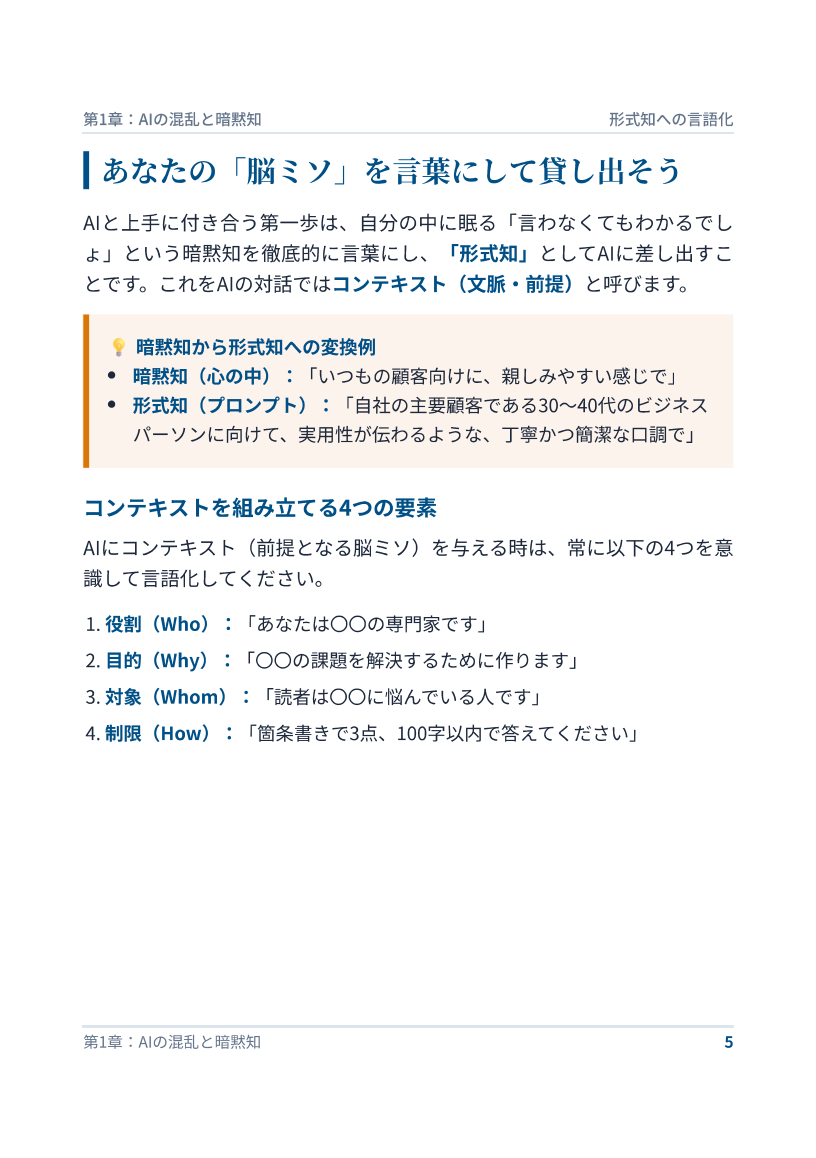 本文サンプル: あなたの「脳ミソ」を言葉にして貸し出そう(コンテキストを組み立てる4つの要素)