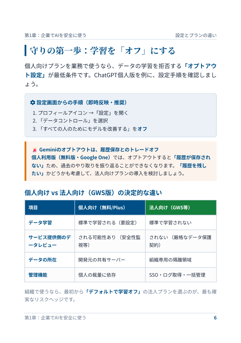 本文サンプル: 守りの第一歩・学習を「オフ」にする(個人向けと法人向けの違い)