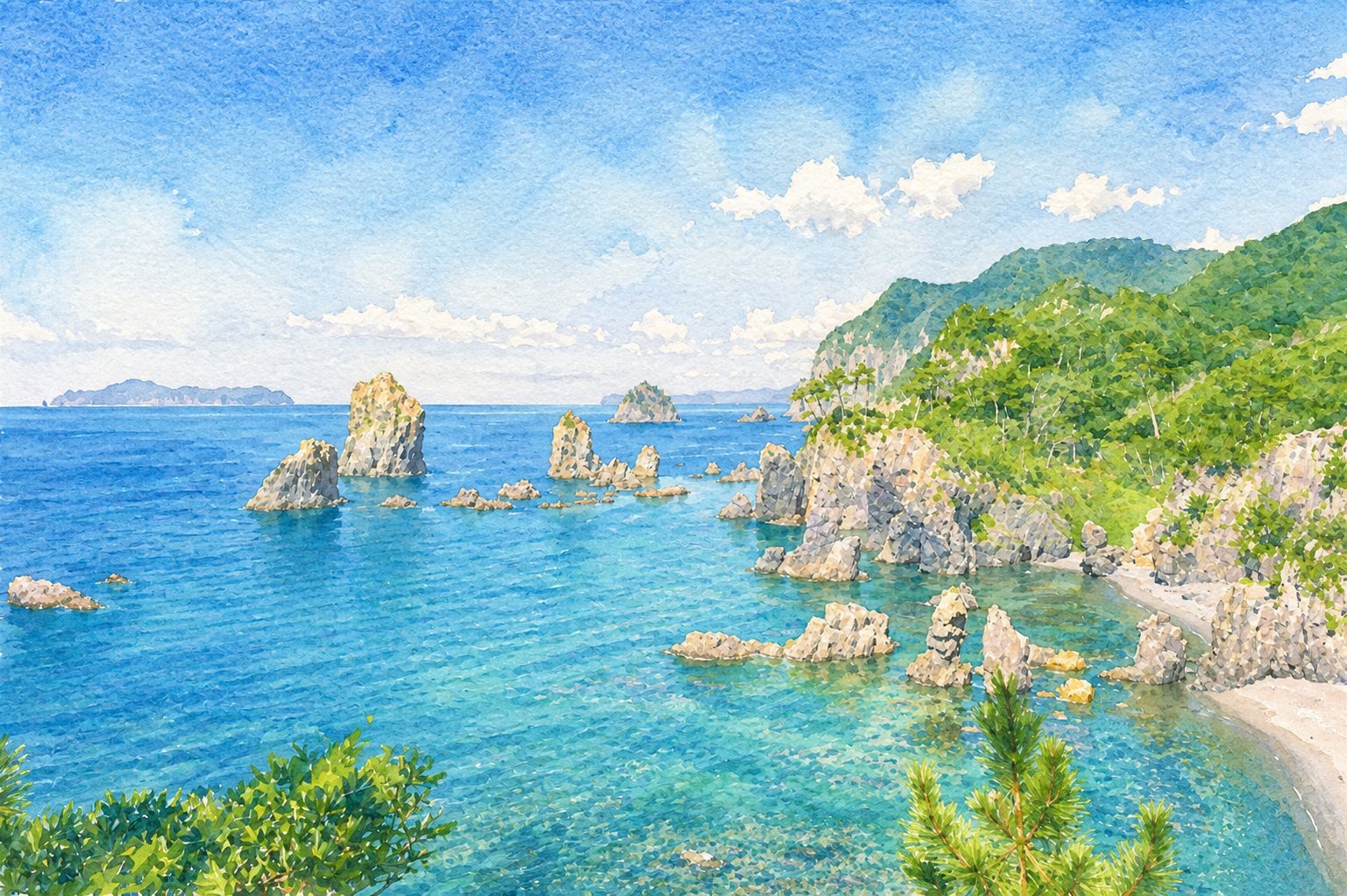 No.08 日本の水彩画(青海島の風景をAI加工した作例)