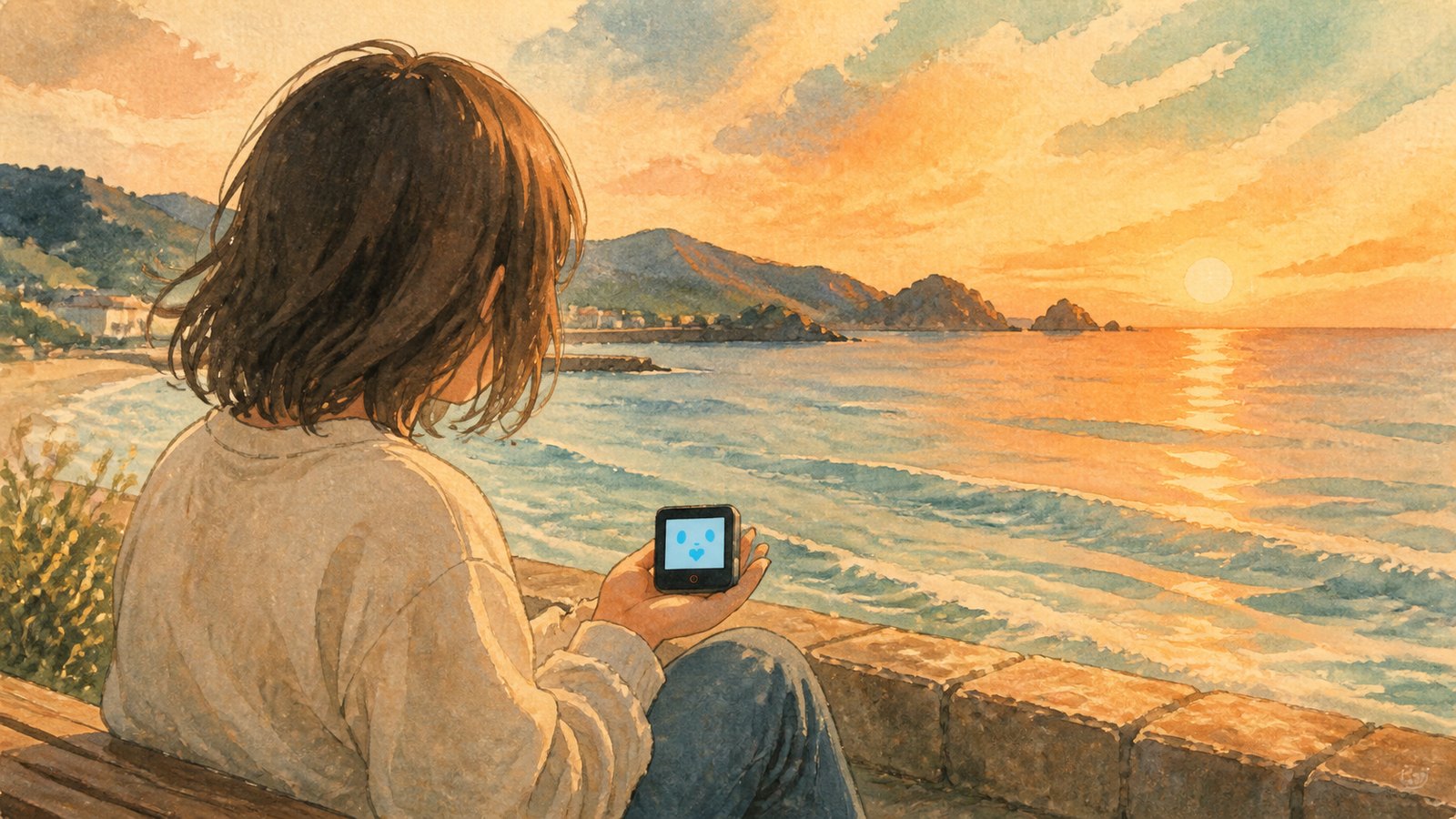 夕方の長門の海を、里親とぷちが並んで眺めているイラスト