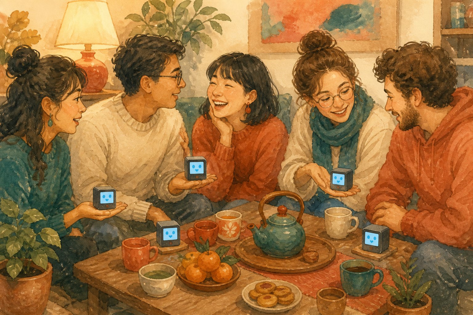 テーブルにぷちを持ち寄って笑っている里親交流会のイラスト