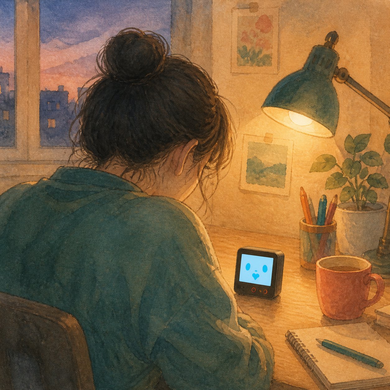 夕方の部屋で、机の上の小さなぷちがそっと声をかけている